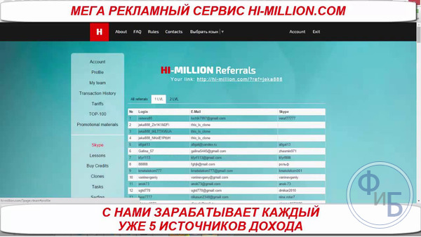 Страница личного кабинета с учетом существующих рефералов в Hi-million